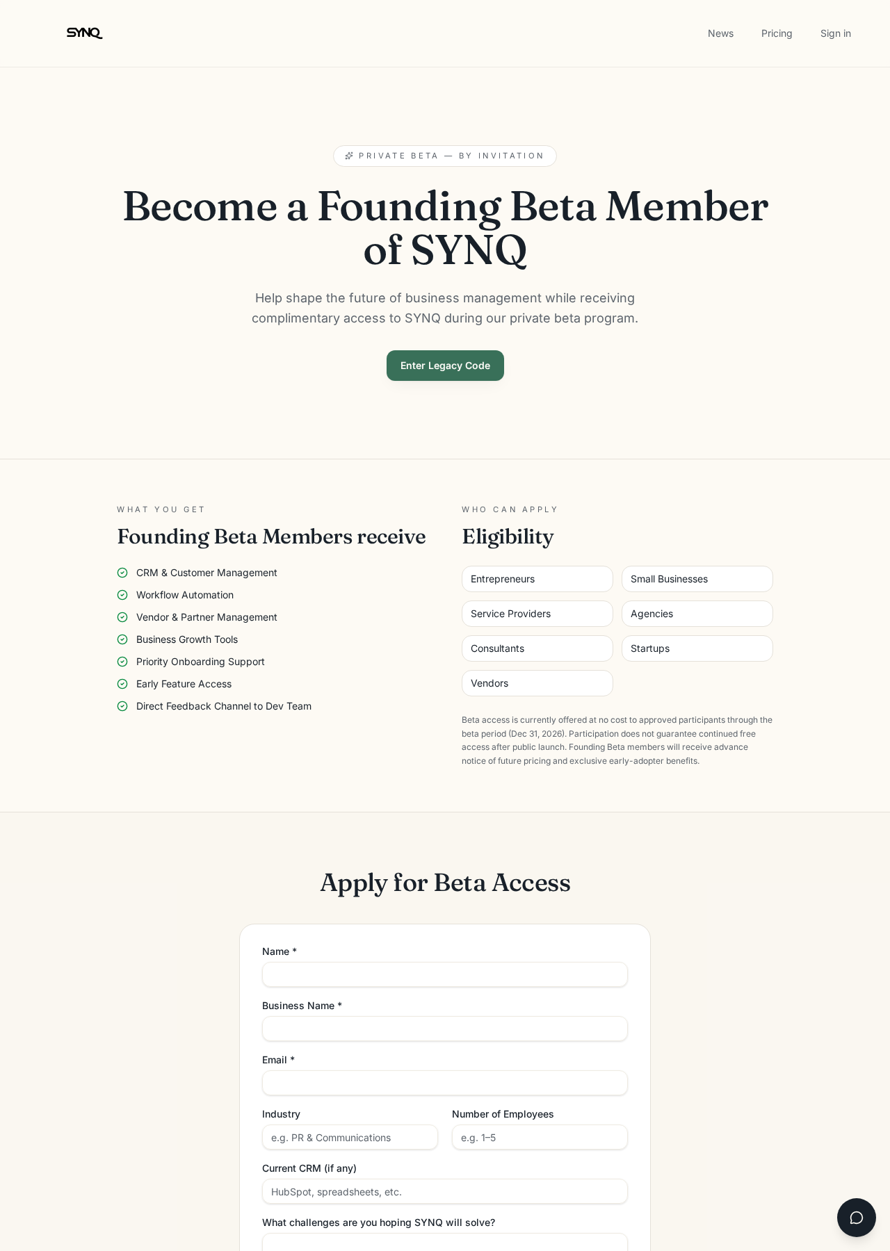 The SYNQ landing page